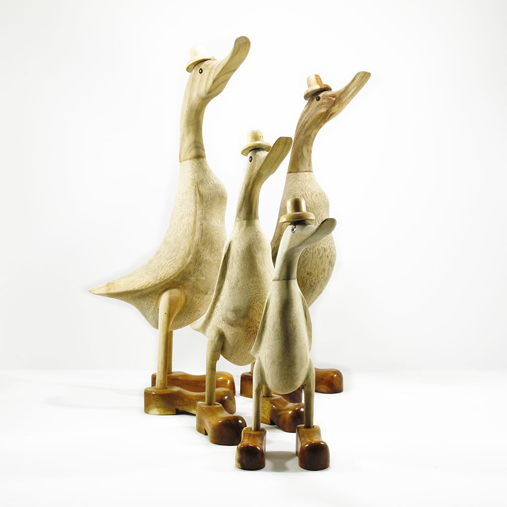 family of 4 ducks hand made from bamboo wood with hat and boots