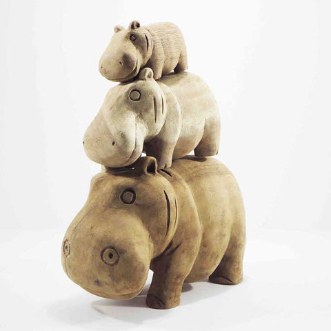 Hippopotamus family carved in bamboo wood