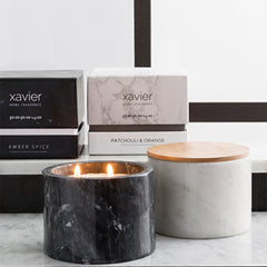Luxury candle in white marble pot patchouli and orange