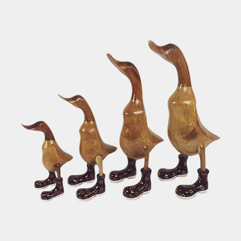 family of 4 hand carved bamboo ducks with clear lacquer and flower on boots