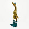 wooden duck with green gumboots